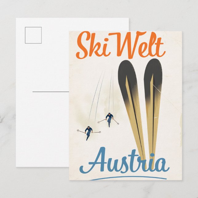 Skiwelt Österrike skidresor affisch Inbjudan Vykort (Fram/baksida)