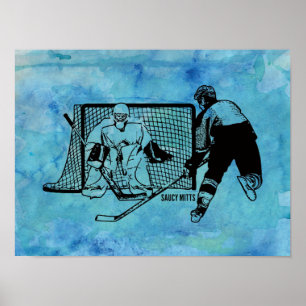 Skjutit på netto hockey skissa på blåttvattenfärg poster