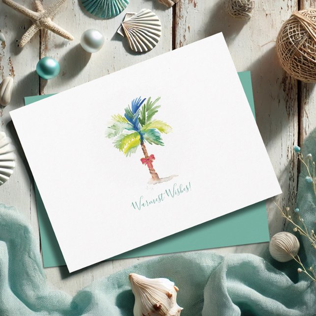 Skjutkort för det tropiska julkortet Handflatan Tr Vykort (Tropical Christmas postcard features watercolor palm tree art by Victoria Grigaliunas VG Invites)