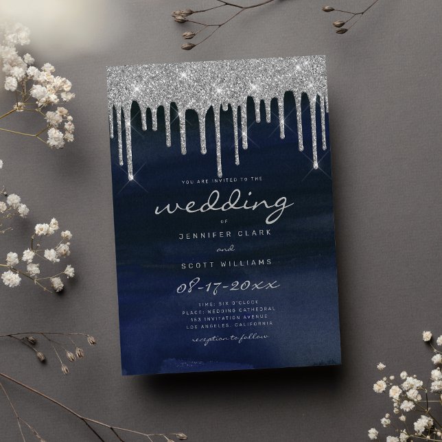 Skjutskript bröllop vid marinblått silver glitter inbjudningar (Navy blue silver glitter drips script wedding)