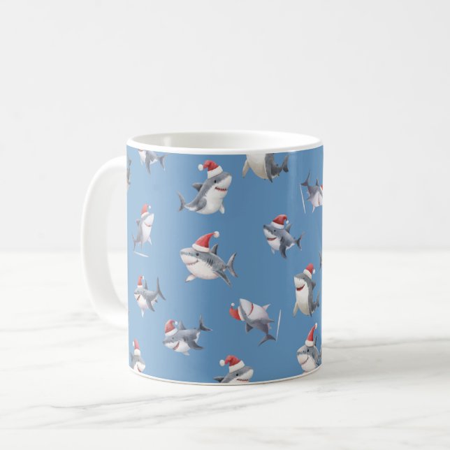 Sklutna julhajar på blå kaffemugg (Framsida vänster)