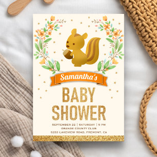 Skog Floral Söt Ekorre Baby Shower Inbjudningar