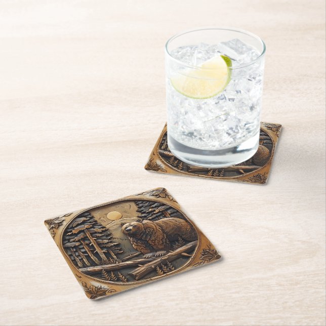 Skog från Wood Bear Full Moon Gräs Träd Underlägg Papper Kvadrat (Insitu)