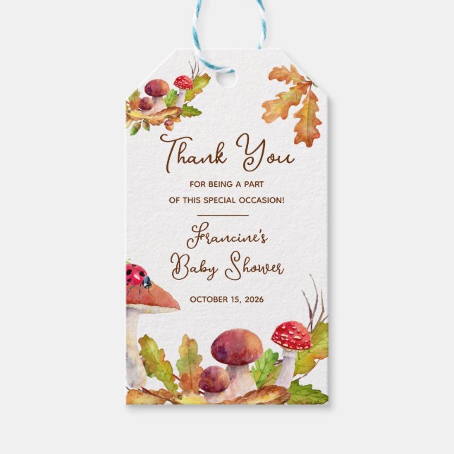 Skog, höstskog, svamp baby shower presentetikett (Framsidan)