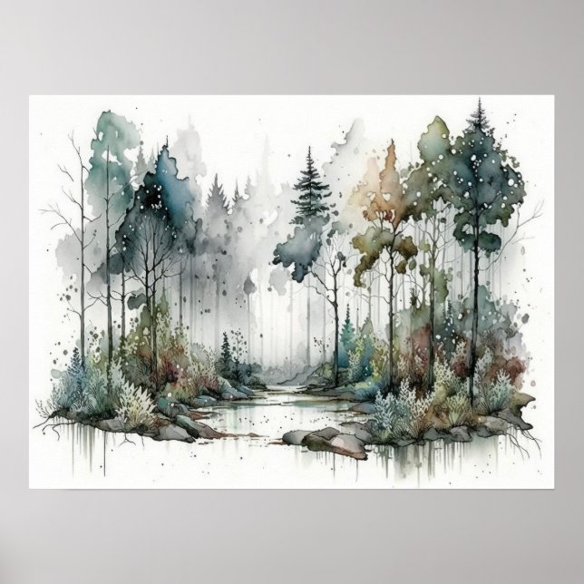 Skog i Gentle Rain Watercolor Poster (Framsidan)