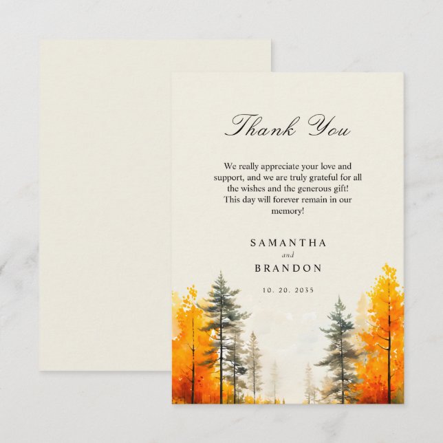 Skog i höst färger bröllop tack kort (Fram/baksida)