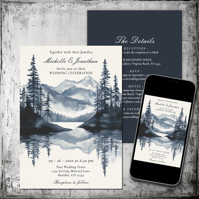 Skog i Rustic Mountain Sjö i ett Bröllop Inbjudningar (Rustic Mountain Lake Forest All in One Wedding Invitation)