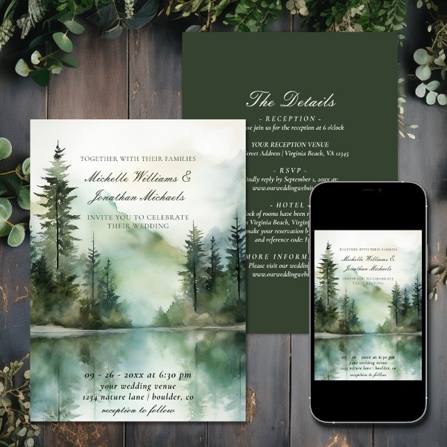 Skog i Rustic Mountain Sjö i ett Bröllop Inbjudningar (Rustic Mountain Lake Forest All in One Wedding Invitation)