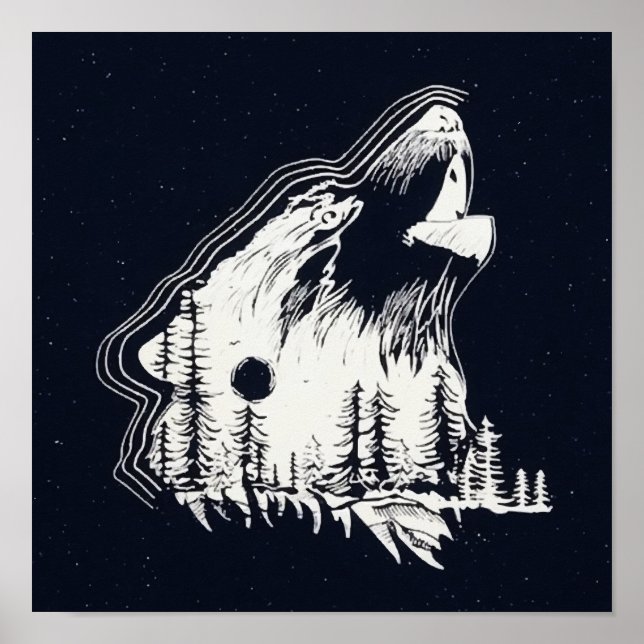 Skog i Varg Gräs Träd, månlight Winter Poster (Framsidan)