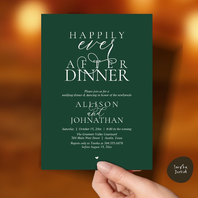 Skog lyckligt efter middag Modern Bröllop Inbjudningar (Forest Emerald Happily Ever After Dinner Modern Script Wedding Invitation Card)