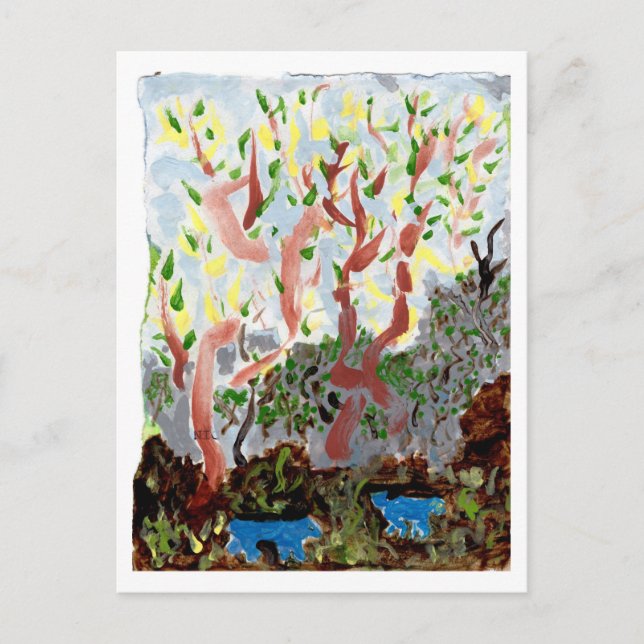 Skog med blå beaster och vykort (Framsida)