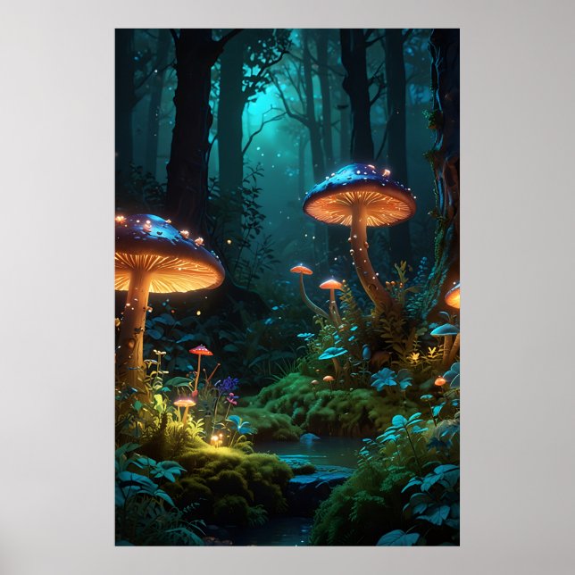 Skog med Fantasy Creatures och Glowin Poster (Framsidan)