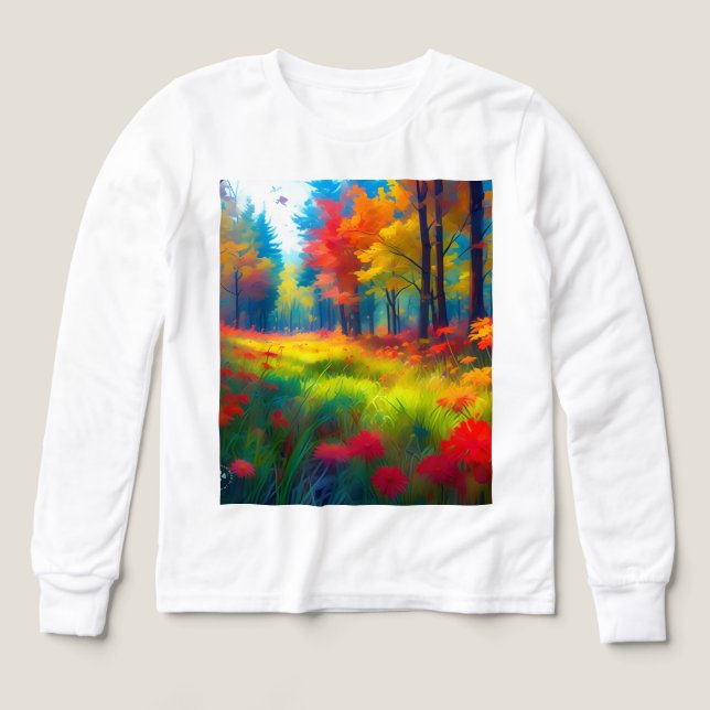 Skog med färgglada träd och blommor t shirt (Design framsida)