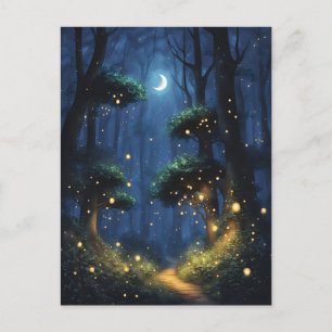 Skog med Firefly Ljus och Crescent Måne Vykort