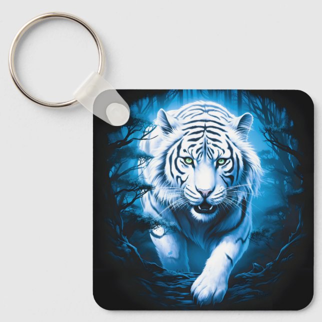 Skog Mystisk Vild Vit Tiger Nyckelring (Framsida)