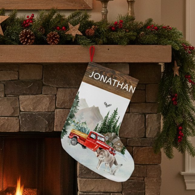 Skog Rustik Akvarell Lastbil Stuga Varg Liten Julstrumpa (Skapare uppladdad)