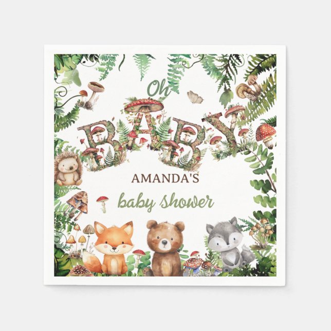 Skog Rustika Djur Botaniska Baby Shower  Pappersservett (Framsidan)