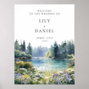 Skog sjö sida vildblommor bröllop välkomstskylt poster