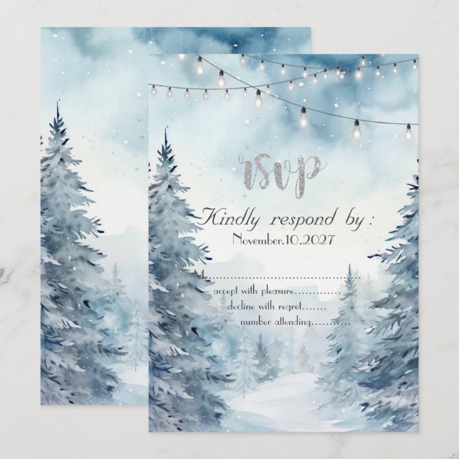 Skog,Skog,String Lights Blå Bröllop Svar RSVP  Inbjudningar (Fram/baksida)
