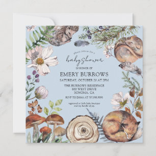 Skog söta skogs djur pojke blå baby shower inbjudningar