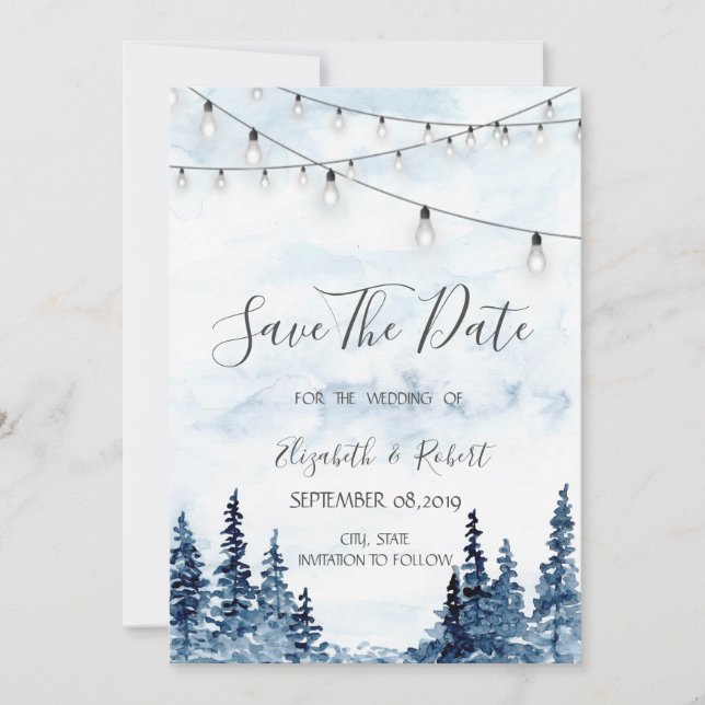 Skog, Strängljus, Akvarell Save The Date Spara Datumet (Framsida)
