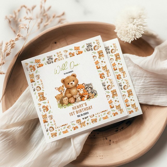Skog Vilda Djur Wild One 1-årsdag Pappersservett (Forest Woodland Animals Wild One 1st Birthday Napkins
)