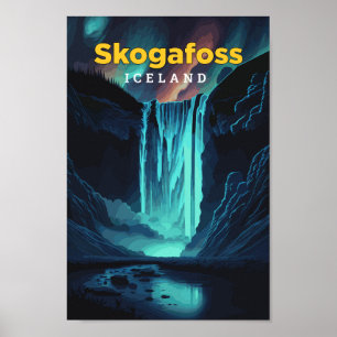 Skogafoss Island Travel Art Vintage Illustration Poster