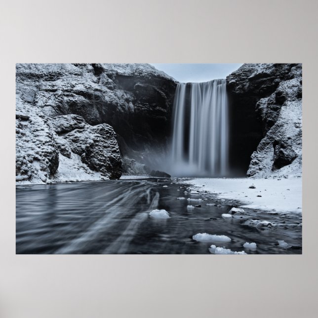 SKÓGAFOSS WATERFALL, ISLAND - SVART & VITE POSTER (Framsidan)