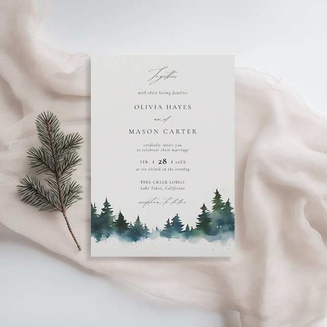 Skogar utanför Rustic Elegant bröllop Inbjudningar (winter wedding invitation christmas botanical modern sleek pine tree elegant contemporary rustic)