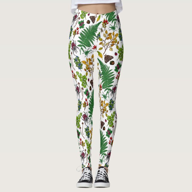 Skogbär, löv och kryp på vitt leggings (Framsida)