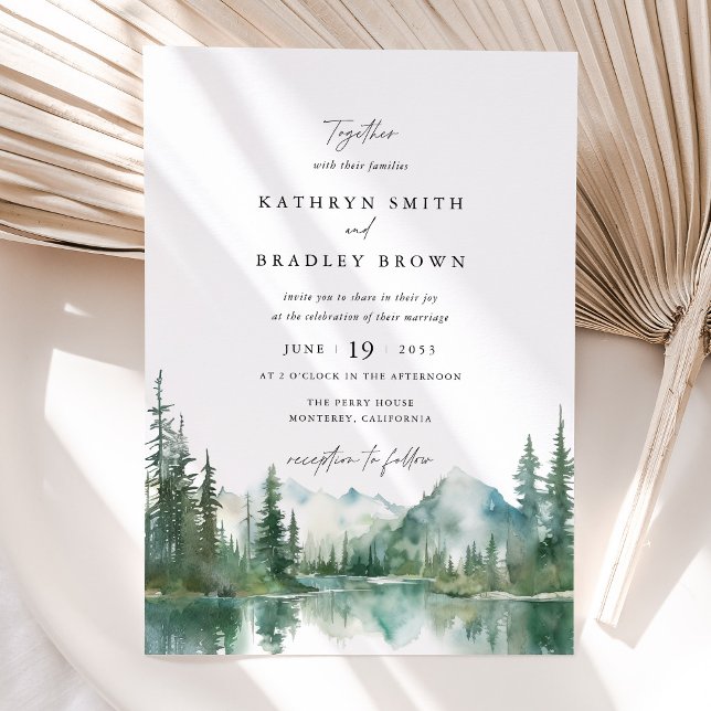 Skogbröllop vid bergssjö inbjudningar (Mountain Lake Wedding Invitation with Photo Back, Watercolor Forest Woodland Wedding Invitation)