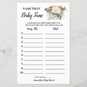 Skogdjur i Namn Baby Tune Shower Game Card Flygblad