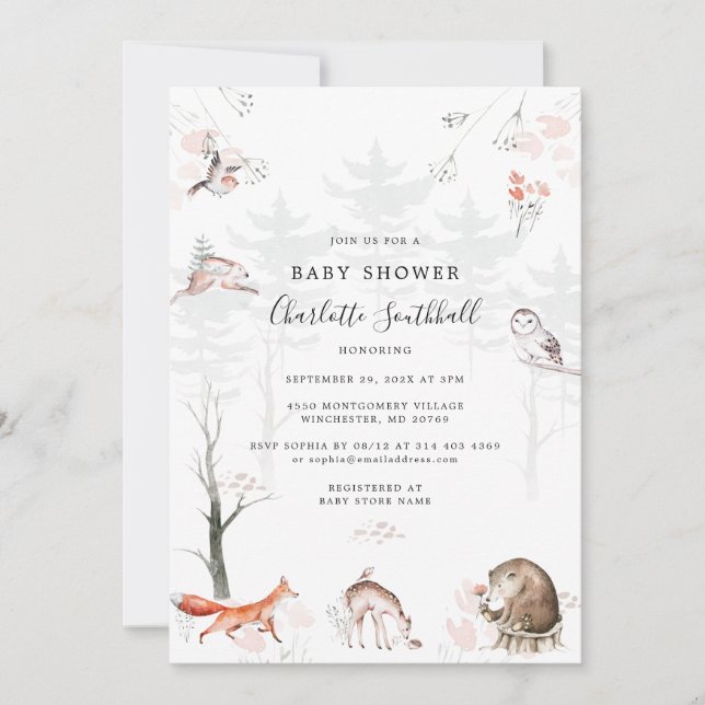 Skogdjur Skriver Modern Baby Shower Inbjudningar (Framsida)