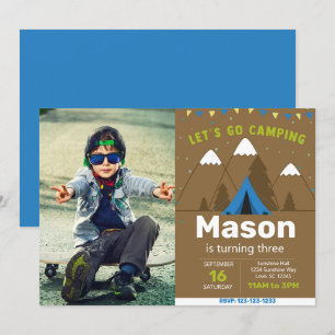 Skogen Blue Camping Birthday Inbjudan med bild