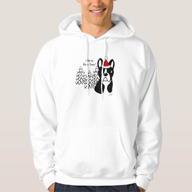 Skogen för snö för tecknad för Boston Terrierjul Hoodie (Framsida)