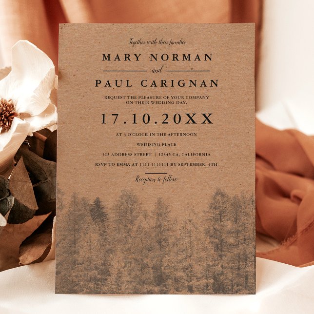 Skogen gräs i Rustic Krac Fall vinterfall träd brö Inbjudningar (Rustic kraft Fall winter pine trees forest wedding Invitation)