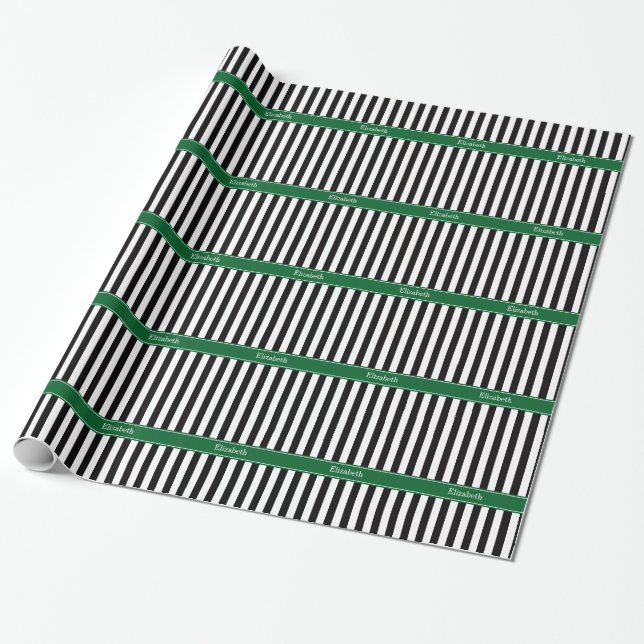 Skogen Ribbon Namn Monogram (Svartvit Rand) Presentpapper (Utrullad)