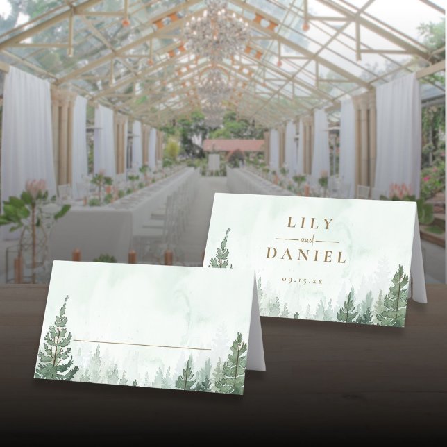 Skogen Rustic Gräs Träd, Bröllop är uppvägd Placeringskort (Rustic Pine Tree Forest Wedding Folded Place Card)