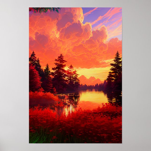 Skogen Sjö har slagits ut i Red Sunset Poster (Framsidan)