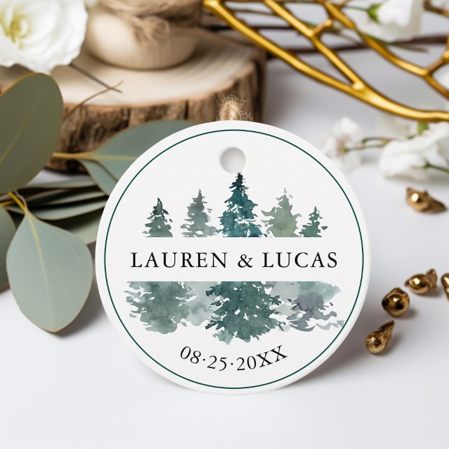 Skogen Träd i Gräs i Bröllop Gåvor Etiketter (Rustic Pine Trees Forest Thank You Wedding Favor Tags)
