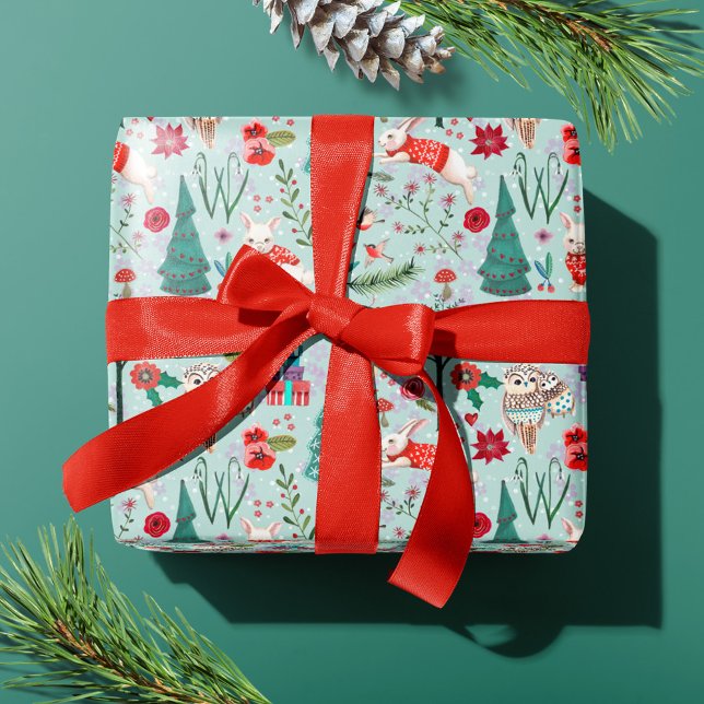 Skogen Winter Woodland Blue & Red Animals mönster Presentpapper (Cute woodland animals and Penguins Christmas Holiday wrapping paper.)