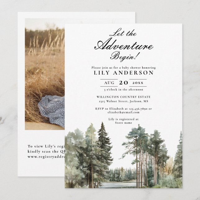 Skogfoto i Äventyr Sjö QR-kod Babydusch i Inbjudningar (Fram/baksida)