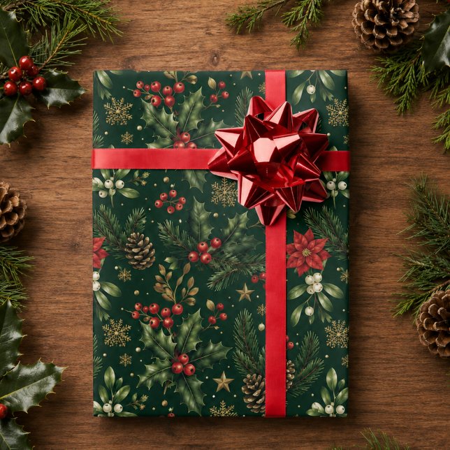 Skoggrön botanisk julkrans julfirande presentpapper (forest green botanical holly poinsettia snowflake red berries Christmas holiday wrapping paper)