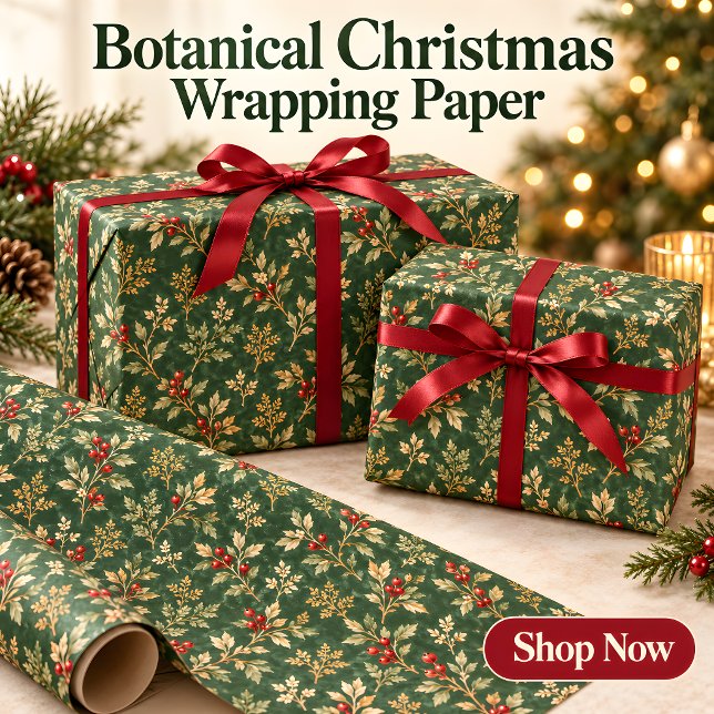 Skoggrön botanisk julpresentpapper presentpapper (Christmas Wrapping Paper with Forest Green Botanicals & Red Berries)