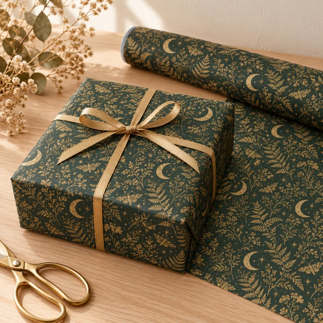 Skoggrön guld månskära Moth Botanisk Inpackning Presentpapper (Forest Green Gold Moon Moth Botanical Wrapping Paper)