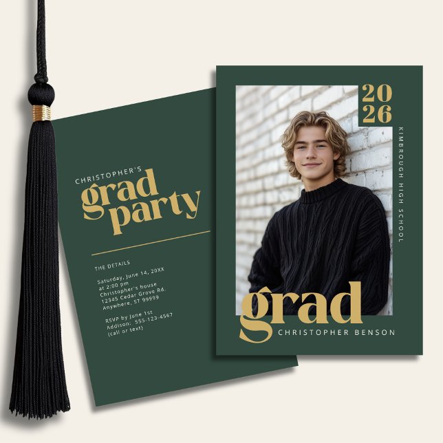 Skoggrön Guld Modern Fotexamen Festlig Förfest Inbjudningar (Skapare uppladdad)
