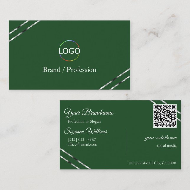 Skoggrön med silverlinjer Logo och QR-kod Visitkort (Fram/baksida)