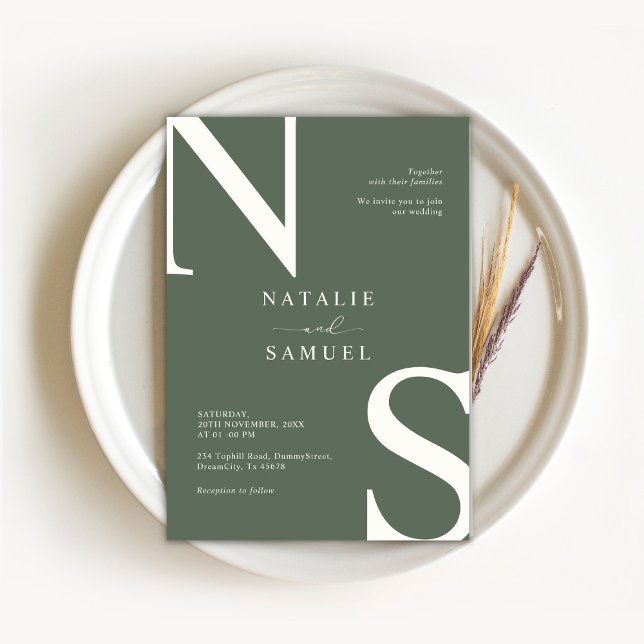 Skoggrön minimalistisk elegant fet initial Weddi Inbjudningar (Skapare uppladdad)