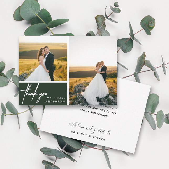 Skoggrön modernt manus 2 Foto Bröllop (Two photo hand lettered thank you wedding card with a minimalistic design perfect for any couple.)