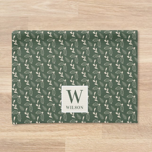 Skoggrön och beige monogram namnjul kökshandduk (Skapare uppladdad)